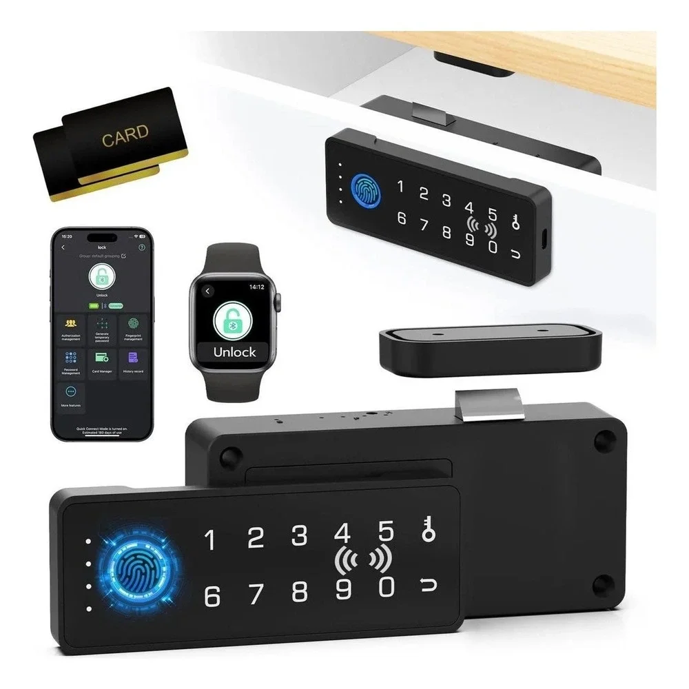 Foxlock Smart Cabinet Lock Fingerprint RFID App Keypad Bluetooth Security Black